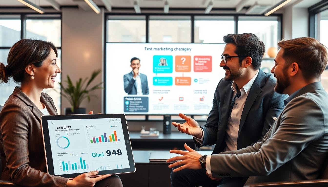 A vibrant and engaging marketing meeting scene set in a modern office. In the foreground, two business professionals, a woman and a man, both dressed in smart business attire, are animatedly discussing a digital marketing strategy, with a tablet displaying analytics and charts in front of them. In the middle, a large screen showcases a visually appealing infographic illustrating LINE LAP interactions and effective advertising techniques. The background features a sleek office environment with large windows letting in natural light, modern furniture, and decor reflecting a tech-savvy atmosphere. The overall mood is collaborative and optimistic, emphasizing trust and connection in marketing approaches, with warm lighting enhancing the professional yet inviting feel of the setting.