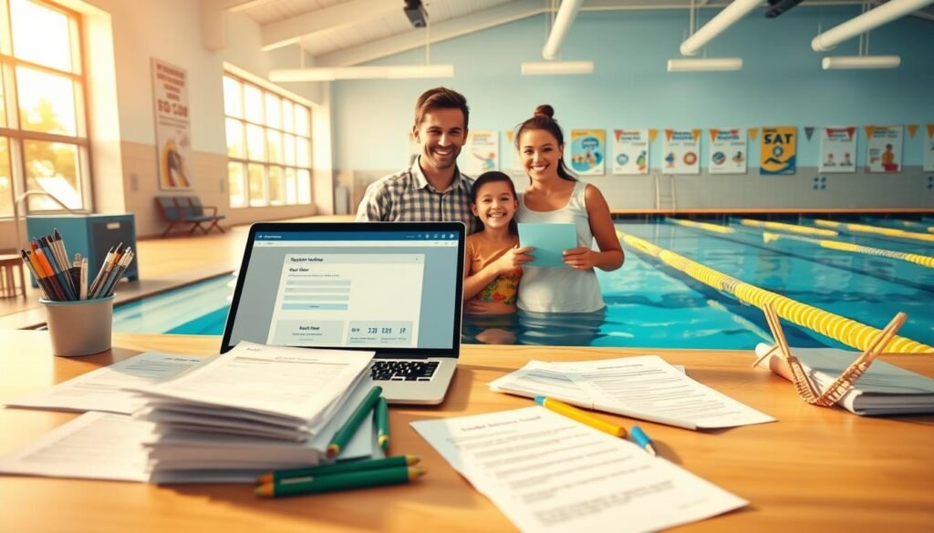 A detailed illustration of a swimming class registration process and application materials. In the foreground, place a neatly organized desk with registration forms, pens, and a laptop showing a user-friendly registration website interface. The middle section features a friendly, professional instructor in modest casual clothing, assisting a family with their registration, their expressions showing excitement. The background shows a bright, inviting swimming pool area, with posters indicating swimming classes and schedules on the walls, bathed in warm, natural light. The atmosphere is welcoming and encouraging, evoking a sense of community and enthusiasm for joining the swimming class. Use a wide-angle perspective to capture the entire scene effectively.