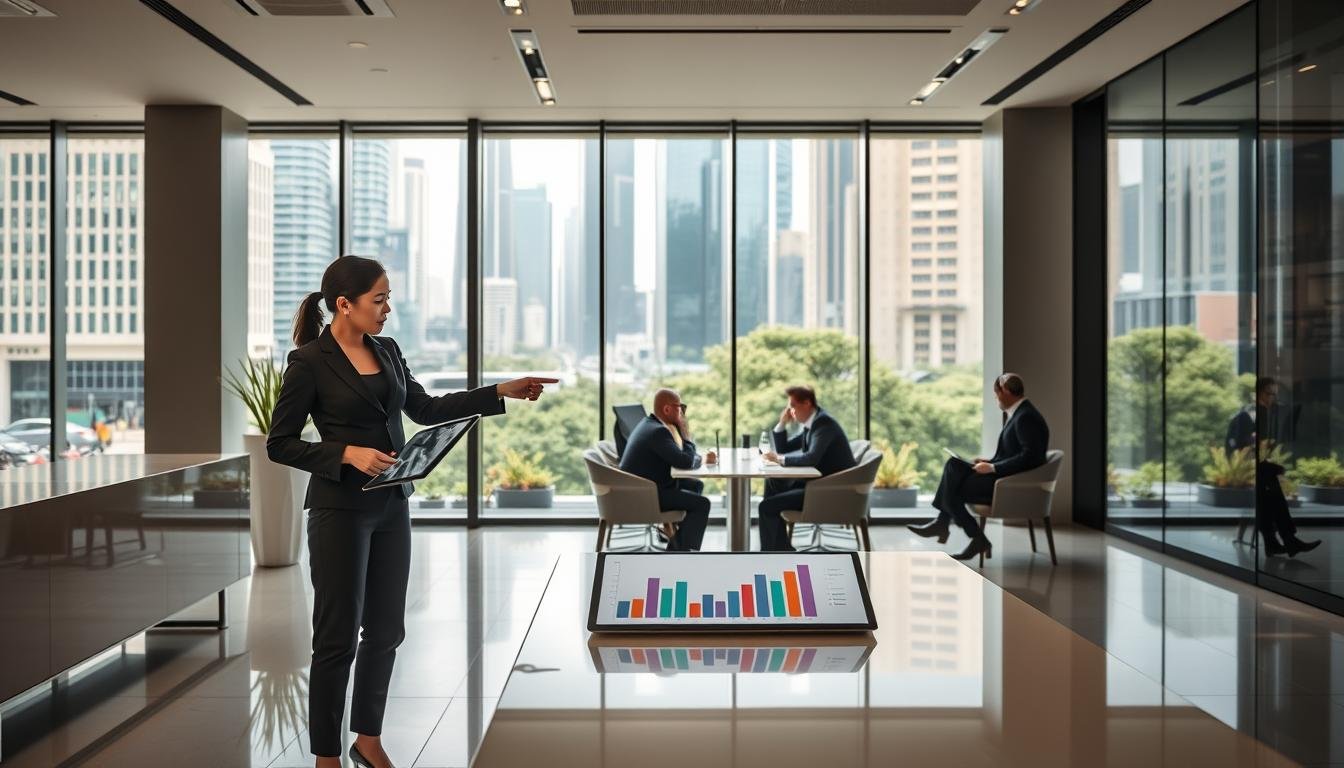 A modern office space in Wan Chai, showcasing an elegant reception area with sleek furniture and large glass windows revealing a vibrant cityscape. In the foreground, a professional businesswoman in a tailored suit is interacting with a colleague, pointing towards a digital chart on a tablet that displays data trends. The middle ground features a meeting table surrounded by professionals in business attire engaged in discussion. The background captures the lively streets of Wan Chai, with tall buildings and greenery visible through the windows. Soft, natural lighting floods the room, enhancing the productive atmosphere. The camera angle is slightly elevated, providing a comprehensive view of the dynamic workspace that reflects the demands and requirements of businesses seeking office rental in Wan Chai.