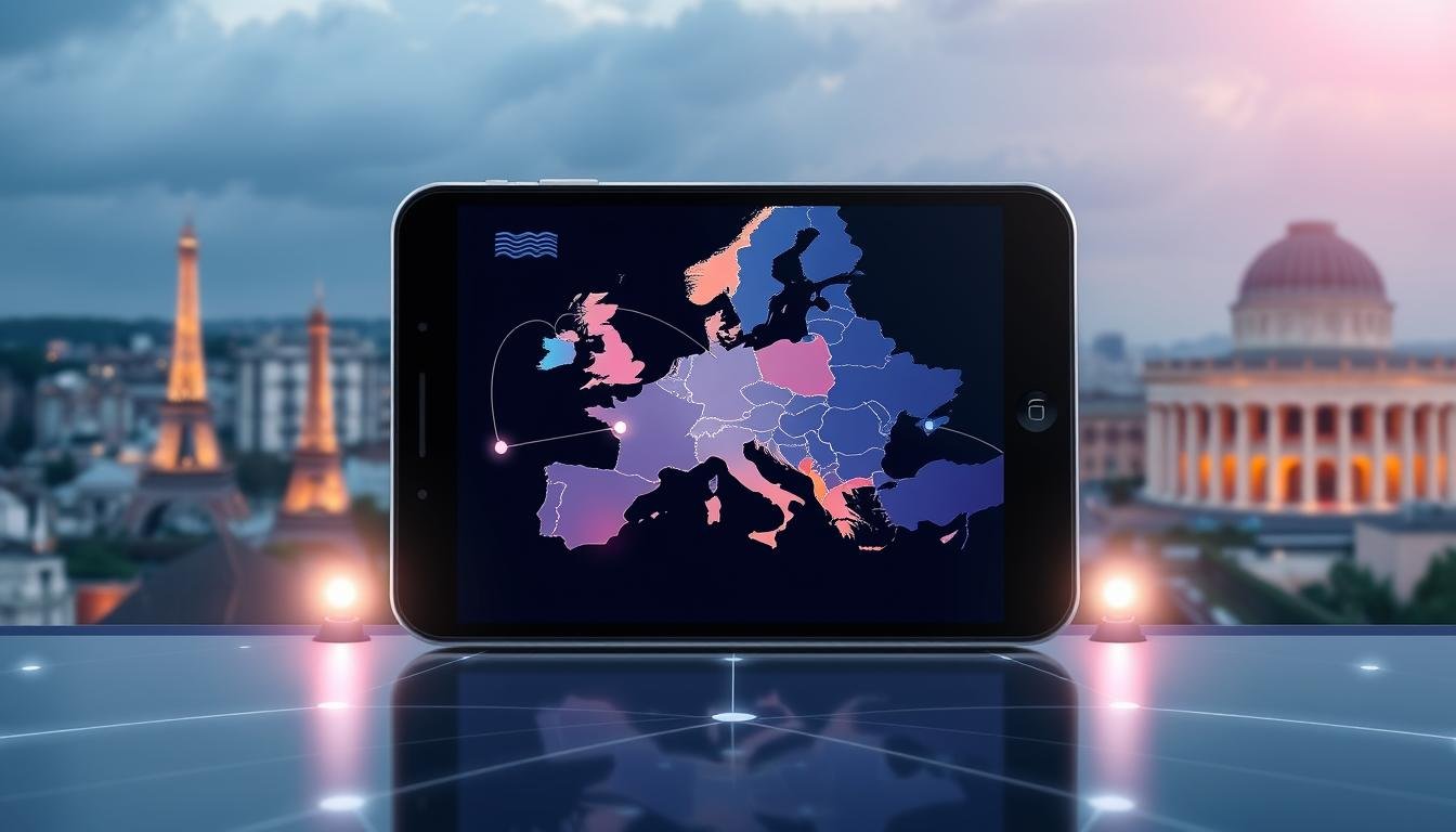An illustration of a modern, interconnected global network symbolizing "OceanEsim 國際漫遊解決方案." In the foreground, showcase a sleek, abstract digital device representing a smartphone or tablet displaying a vibrant map of Europe, with highlighted borders and connection points. In the middle, depict dynamic lines and nodes depicting seamless connectivity between different countries, symbolizing smooth roaming transitions. The background should feature a scenic panoramic view of iconic European landmarks such as the Eiffel Tower and the Colosseum, blending natural and urban elements. Use soft, ambient lighting to create an inviting, tech-savvy atmosphere, with a slight lens flare effect for added depth. The image should convey innovation and accessibility in international travel.