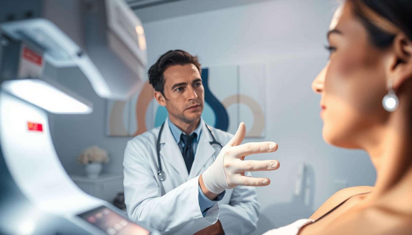 A professional medical setting focusing on laser treatment for skin blemishes, featuring a dermatologist in a lab coat examining a patient’s skin under specialized lighting. The foreground shows detailed medical equipment, including a laser device and skin analysis tools. The middle ground captures the dermatologist's focused expression while assessing skin tone and texture, conveying diligence and care. In the background, there's a calming clinic ambiance with soft colors and abstract artwork, promoting a sense of safety and professionalism. The lighting is bright yet soft, enhancing the clarity of the scene without harsh shadows, and a shallow depth of field highlights the interaction between the doctor and patient. The mood is reassuring and clinical, emphasizing safety in laser treatments.