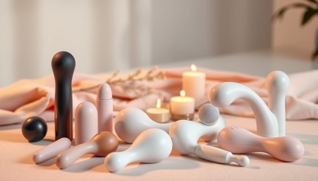 A sophisticated arrangement of various modern pulsating massage devices and vibrators, displayed elegantly on a clean, minimalist background. The foreground features a selection of sleek, ergonomic designs in soft pastel colors, showcasing their versatility and appeal. The middle ground includes subtle hints of decorative elements such as soft fabrics and calming candles, contributing to a serene ambiance. The background is softly blurred, emphasizing the products without distraction. The lighting is warm and inviting, casting gentle shadows that highlight the contours of the devices. The overall mood is elegant and informative, aiming to educate viewers on the innovative options available in personal care tools.