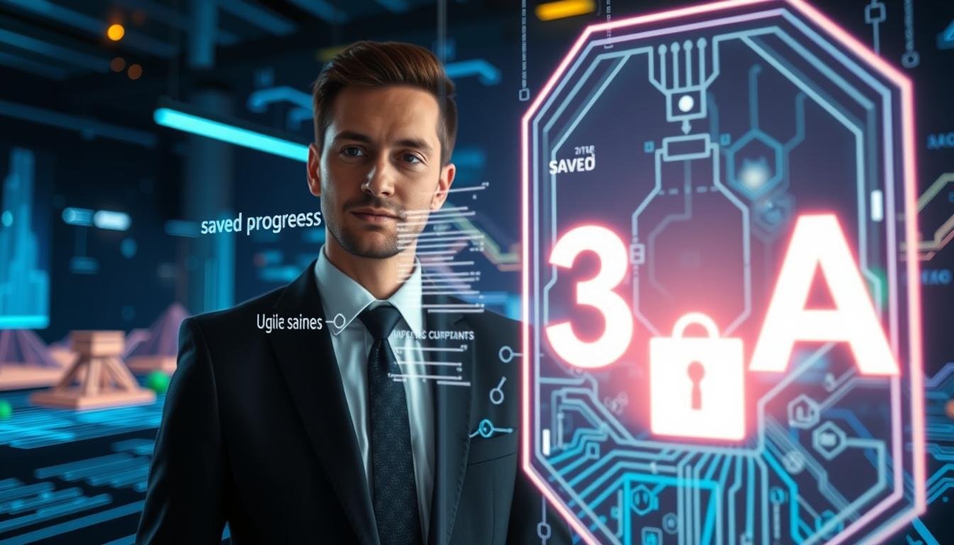 A futuristic digital interface showcasing the concept of "3A" data protection. In the foreground, a sleek, illuminated holographic display features intricate data streams and game icons, symbolizing saved progress and secure backups. The middle ground includes a professional individual in business attire, observing the display, with an expression of concentration and confidence. The background features a stylized gaming environment, blending elements like pixelated landscapes and circuit patterns, illuminated with soft blue and green lights, conveying a sense of advanced technology. The atmosphere is futuristic and serene, emphasizing the importance of data integrity. The scene is captured from a slightly low angle to enhance the impact of the holographic display, with a focus on clarity and depth.
