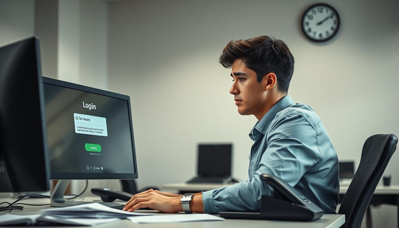A professional setting depicting a frustrated user sitting at a computer, trying to solve login issues for the 3A entertainment system. The foreground features the user, a young adult wearing smart casual attire, focused on the computer screen displaying a login page with error messages. In the middle ground, an office desk is cluttered with papers and a phone, symbolizing communication and troubleshooting efforts. The background shows a modern workspace with soft diffused lighting, creating a calm yet tense atmosphere. A wall clock indicates time passing, emphasizing urgency. The image conveys a sense of determination and problem-solving amidst technical challenges, suitable for an instructional context.