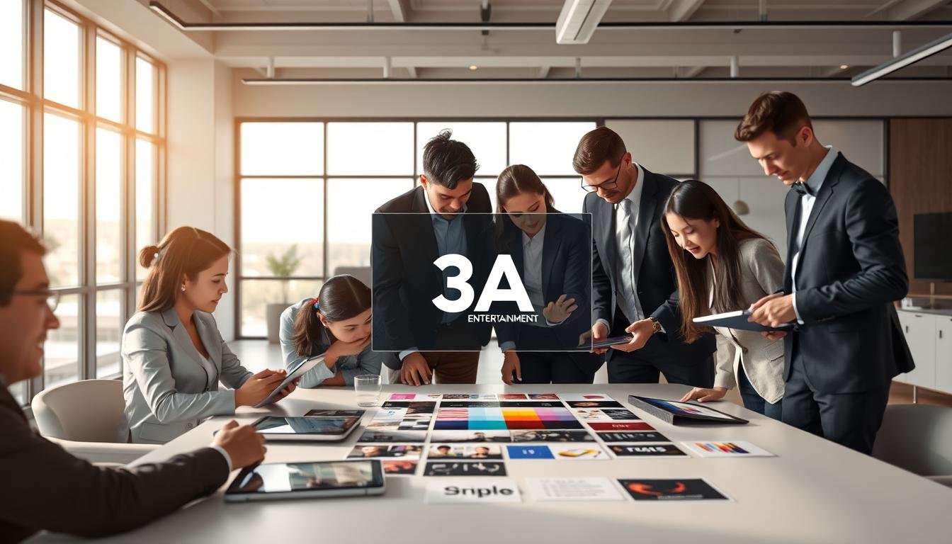 A sleek and modern visual representation of "3A Entertainment's brand visual guidelines" in a professional setting. In the foreground, a diverse group of professionals in business attire collaborate around a large table, examining design elements on digital tablets. The middle layer features a digitally displayed logo of "3A" surrounded by color palettes and typography samples, emphasizing brand consistency. The background includes large windows letting in soft, natural light, creating an inviting and innovative atmosphere. A minimalistic office design with contemporary furniture adds to the professionalism of the scene. The overall mood conveys creativity, collaboration, and the importance of cohesive branding in digital media communication.