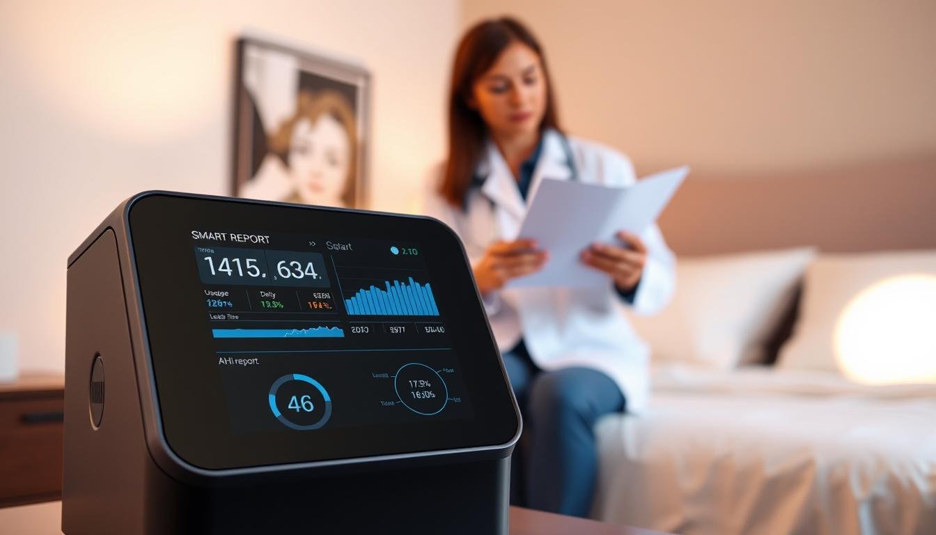 A sleek, modern home sleep apnea machine with an integrated digital display showcasing a detailed smart report. In the foreground, the machine features a clear, high-tech interface with glowing graphs and metrics, such as daily usage time, leakage rate, and AHI index. In the middle ground, a healthcare professional in professional attire is examining the report, highlighting the machine's advanced technology and user-friendly interface. The background features a softly lit, contemporary bedroom setting, emphasizing a calm and sophisticated atmosphere, suggesting comfort and health. Utilize a warm color palette, with soft diffused lighting to create an inviting mood, captured from a slightly elevated angle to focus on the machine and the interaction.