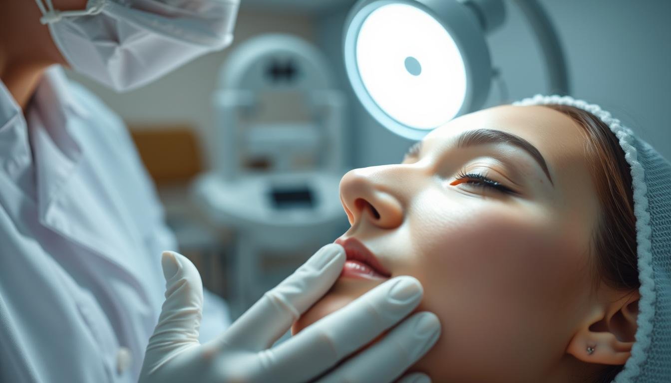 A close-up view of a facial skin treatment session, showcasing the effects of a picosecond laser treatment for pigmentation removal. In the foreground, a professional dermatologist, dressed in a white lab coat with gloves, gently examines a patient's skin under a bright, focused light. The patient's skin is smooth and glowing, highlighting the rejuvenating effects of the treatment, while subtle, fresh pigmentation marks fade away. The background features a modern clinic with medical equipment and soothing colors, contributing to a calm and reassuring atmosphere. Soft, natural lighting enhances the skin's texture and the doctor's careful attention, suggesting a sense of trust and professionalism in skincare.