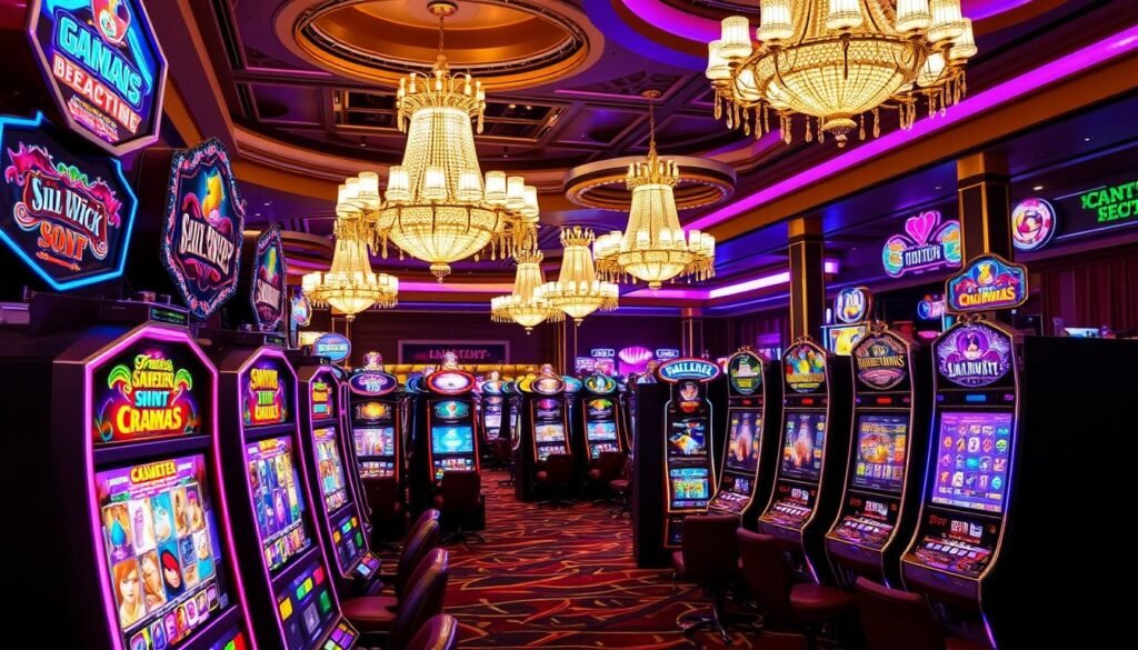 A luxurious casino interior showcasing a vibrant array of slot machines, reflecting the diverse styles and themes available at UG Entertainment City. In the foreground, showcase a selection of unique slot machines, each adorned with colorful graphics and intricate designs, inviting players to try their luck. The middle ground features other gaming machines, creating a bustling atmosphere filled with neon lights. In the background, elegant chandeliers cast a warm glow over the scene, enhancing the lavish ambiance. The lighting is dynamic and engaging, highlighting the exciting mood of a busy gaming floor. Capture the scene with a slight angled perspective, offering depth and a sense of immersion, while ensuring the image is lively and inviting, emphasizing the rich variety of gaming experiences without any text or branding.