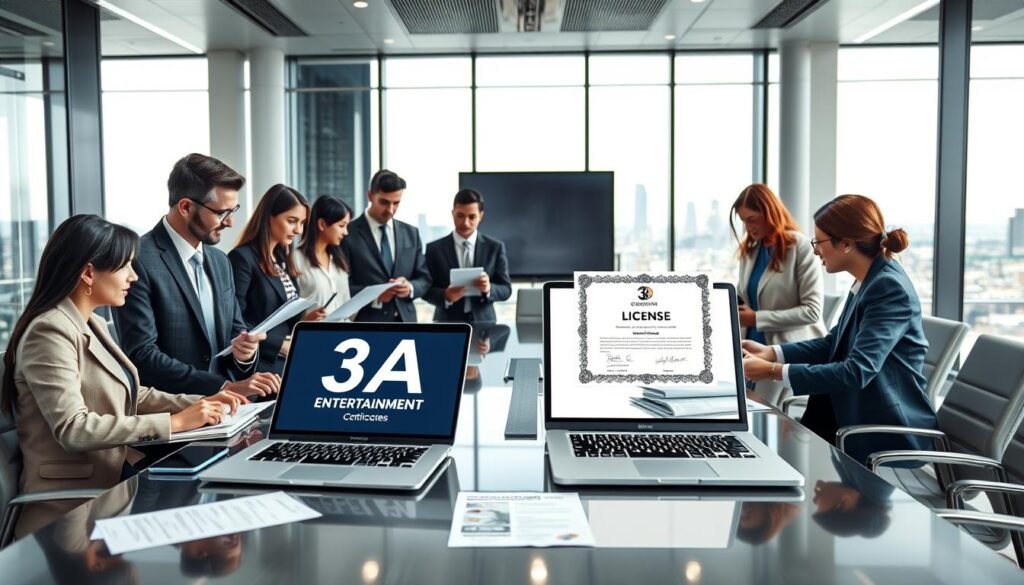 A professional business meeting scene focusing on the operational legitimacy and compliance of 3A Entertainment. In the foreground, a group of diverse professionals dressed in business attire discuss documents and laptops, emphasizing collaboration. The middle features a large modern conference table with papers and a laptop displaying a digital license certificate, symbolizing international endorsement. In the background, a sleek office setting with large windows shows a city skyline, symbolizing global reach. The lighting is bright and balanced, enhancing a serious yet optimistic atmosphere. Use a wide-angle lens to capture the dynamic in the room, aiming for a clear and engaging composition that highlights professionalism and trust in 3A Entertainment's operations.