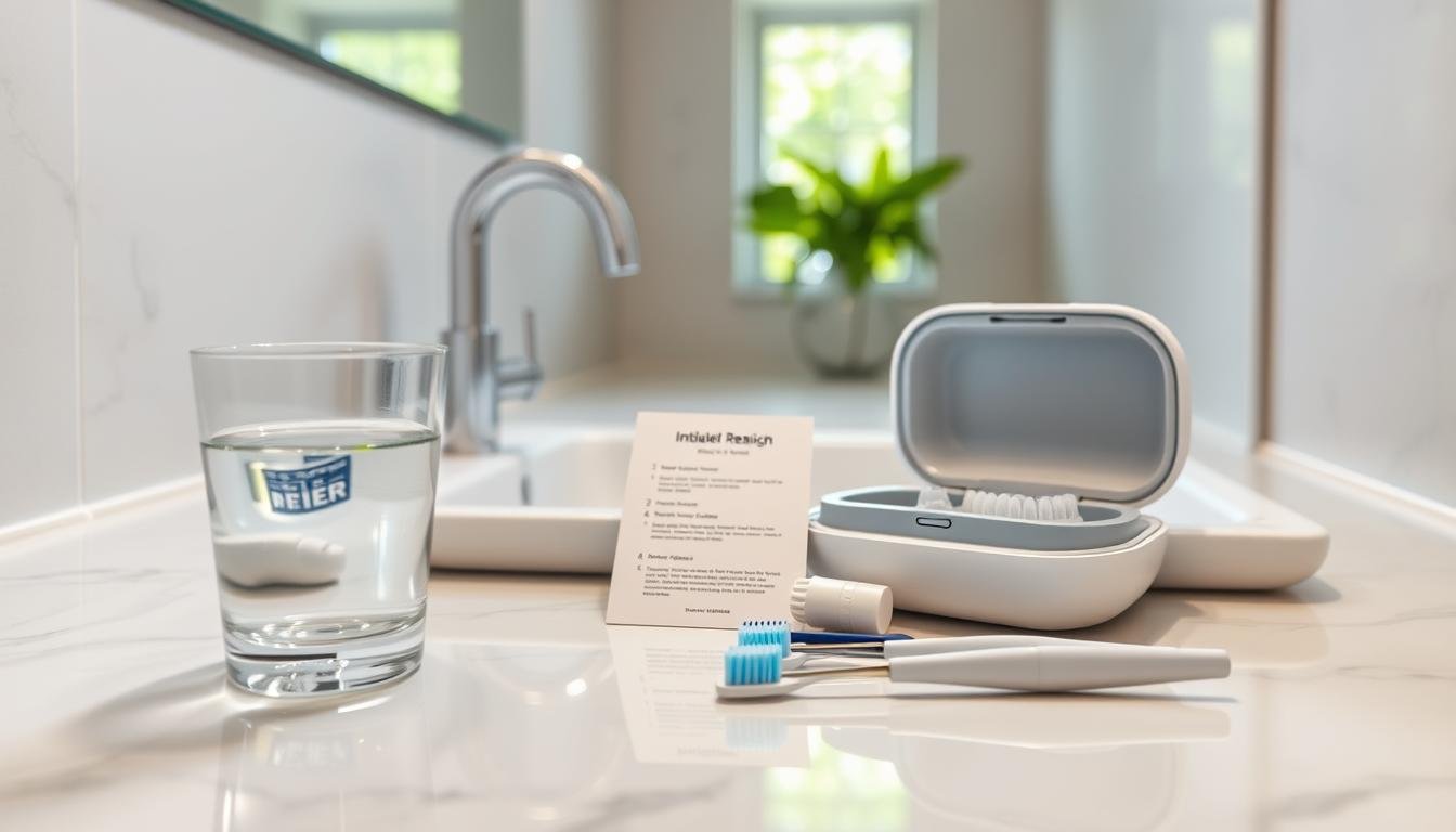 A serene bathroom setting showcasing an elegant, modern sink with an Invisalign retainer case prominently placed beside it. The foreground features a crystal-clear glass filled with cleaning solution, while an instruction sheet with cleaning steps is subtly present. In the middle, a carefully arranged collection of toothbrush and retainer cleaning tools is visible, conveying meticulous hygiene. The background offers soft, natural lighting that creates a calm and inviting ambiance, with a hint of greenery through a small window. Use a wide-angle lens for depth, focusing on the cleanliness theme. The overall mood should be informative and reassuring, emphasizing the importance of retainer maintenance.