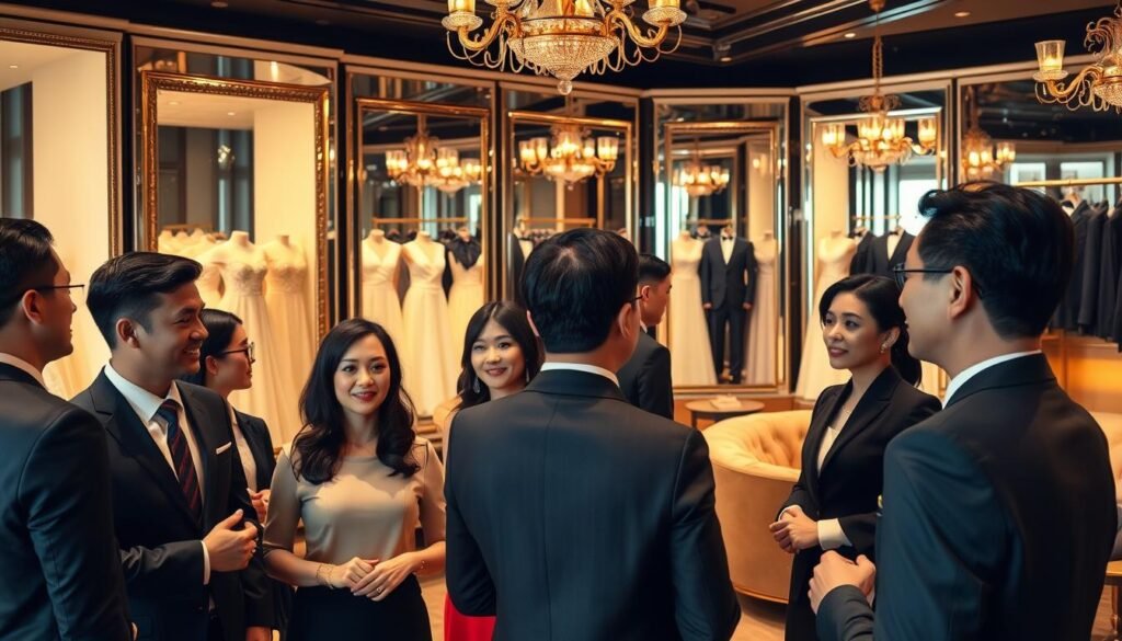 A sophisticated business gathering inside an upscale Taipei formal wear boutique. In the foreground, a group of well-dressed professionals in elegant suits and stylish dresses engage in conversation, their expressions reflecting confidence and poise. The middle ground features the boutique's luxurious interior, showcasing exquisite formal gowns and tailored suits displayed tastefully on mannequins and hangers. Soft, warm lighting enhances the elegance of the scene, with reflections from large mirrors adding depth. The background highlights ornate decor, including chandeliers and plush seating areas, creating an inviting atmosphere. The image evokes a sense of networking and professionalism, capturing the essence of high-profile interactions in a fashion-forward setting.