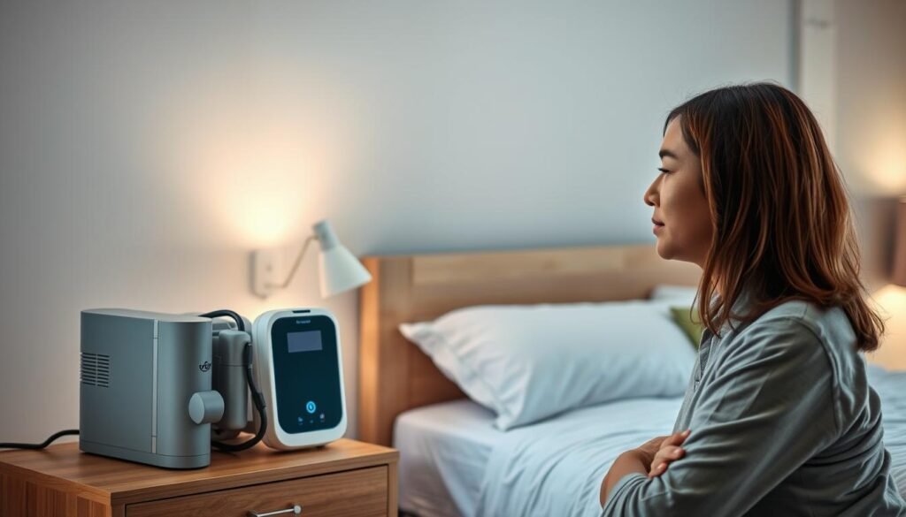 A well-organized bedroom setting featuring a modern sleep apnea machine prominently on a nightstand beside a neatly made bed. In the foreground, a thoughtful individual, dressed in modest casual clothing, examines the machine with a careful expression, highlighting the importance of informed choices. The middle ground contains soft, ambient lighting that creates a calm atmosphere, emphasizing the theme of comfort and health. The background shows a serene, softly lit room with calming colors, including light blues and greens, evoking a sense of tranquility. The angle captures the individual from a slightly elevated perspective, providing a clear view of both the machine and their contemplative expression, creating an engaging and informative mood suitable for illustrating considerations for asthma patients in relation to sleep apnea treatment.