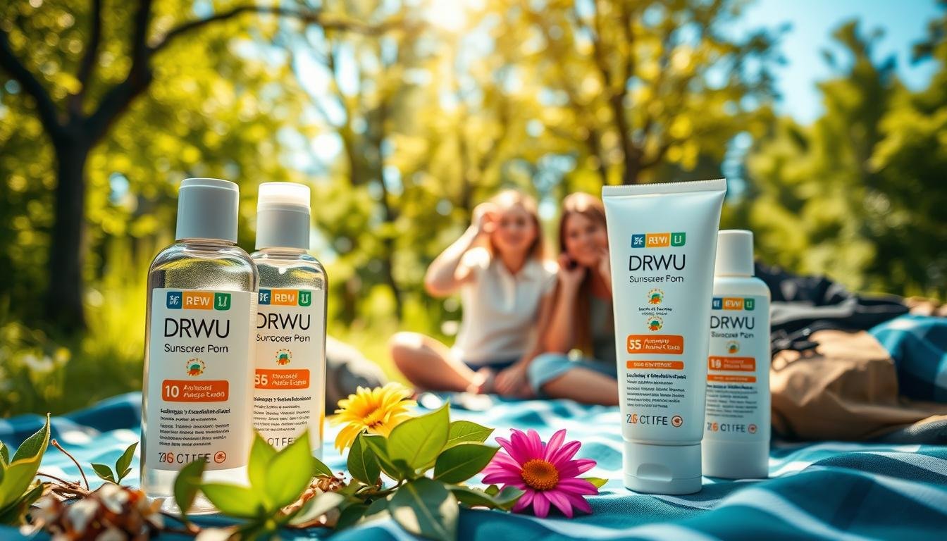 A close-up of DR.WU sunscreens elegantly arranged on a picnic blanket in a lush outdoor setting, emphasizing their role in camping and outdoor protection. The foreground features a beautifully designed DR.WU sunscreen bottle with clear labels and engaging colors, surrounded by natural elements like leaves and flowers. In the middle, a soft-focus image of a family enjoying a sunny day, dressed in casual yet modest clothing, applying sunscreen before embarking on a hike, showcasing carefree moments. The background consists of green trees and bright blue skies, suggesting a vibrant nature scene. The lighting is warm and inviting, capturing a joyful, safe atmosphere, with a professional focus on detail and texture to highlight the product's quality.