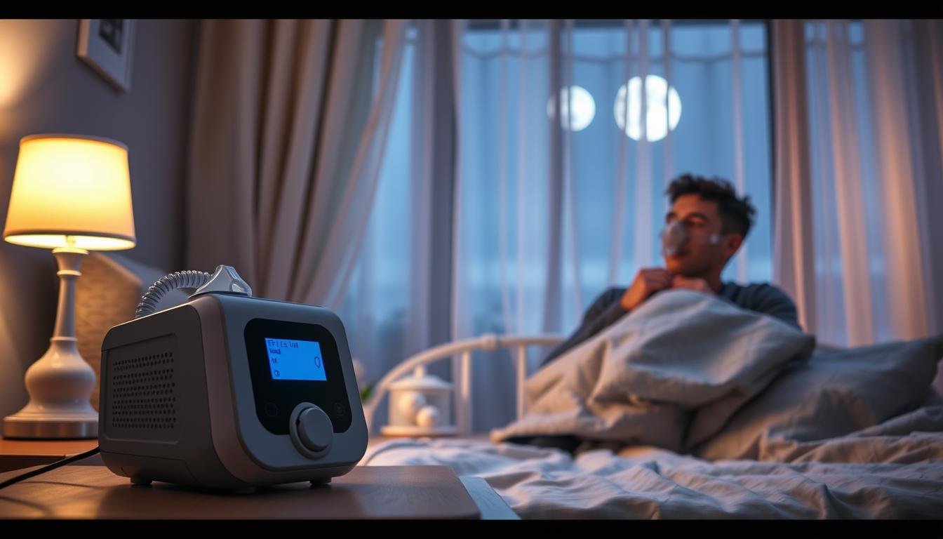 A cozy bedroom setting with soft, ambient lighting, where a person is gently interacting with a sleep apnea machine beside their bed. In the foreground, show the machine, detailed with a sleek design, a mask attached, and connected to a soft, calming nightstand lamp. The middle ground features the individual, a young adult dressed in comfortable sleepwear, showing a thoughtful expression as they adjust the mask over their nose. In the background, a window with sheer curtains allows moonlight to filter in, creating a serene atmosphere that reflects calmness and reassurance. The overall mood is one of tranquility, depicting the importance of the sleep apnea machine in enhancing the user’s rest and well-being.