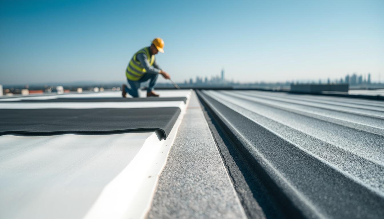 A detailed illustration of flat roofing sheets laid out on a commercial roof, showcasing their compatibility with various membrane materials. In the foreground, a close-up view of roofing sheets made from different materials like TPO, EPDM, and PVC, demonstrating their textures and colors, such as white, black, and gray. The middle ground features a partially installed roof with a professional wearing a hard hat and safety gear, inspecting the sheets and membranes for compatibility. In the background, a clear blue sky and city skyline are visible. Soft, natural lighting illuminates the scene, creating a professional and informative atmosphere, while the angle captures depth and complexity, emphasizing the importance of membrane compatibility in roofing applications.