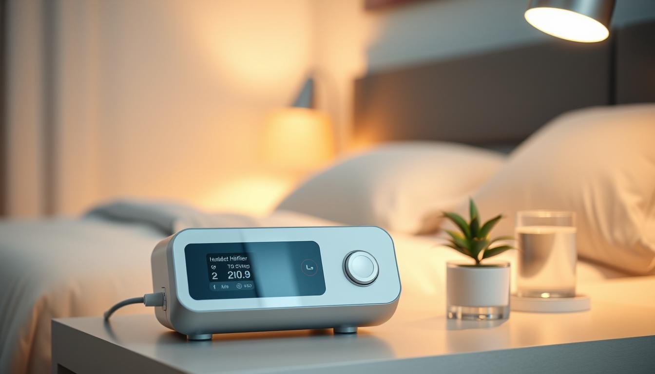A modern sleep apnea machine with an integrated humidifier sits on a stylish bedside table, highlighted by soft, ambient lighting that creates a warm and calming atmosphere. In the foreground, the machine has a sleek design with user-friendly buttons and a digital display showing settings for the humidifier function. On the bedside table, a small glass of water and a decorative plant add a touch of elegance and tranquility. In the background, a cozy bedroom setting with soothing wall colors and comfortable bedding enhances the relaxing mood. The image is captured from a slightly elevated angle, focusing on the machine while subtly showcasing the room's peaceful ambiance.