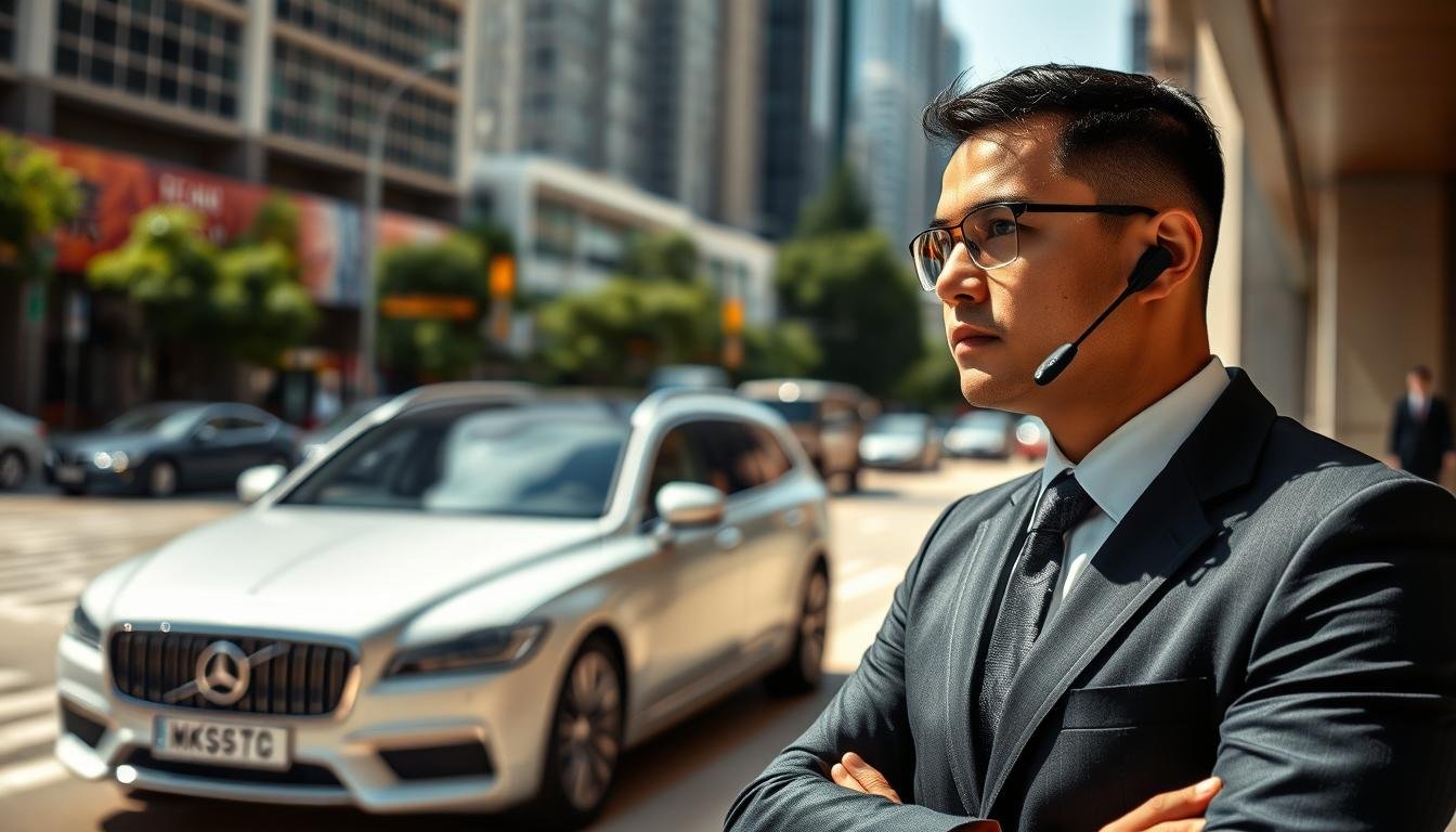 A professional security guard from HKSSC保鏢公司 stands confidently in the foreground, wearing a sharp black suit and earpiece, exuding an aura of authority and vigilance. He scans the environment, showcasing readiness to act. In the middle ground, a luxury vehicle is parked, suggesting a high-profile client being escorted. The background features an urban setting, with skyscrapers and a busy street, hinting at Hong Kong's vibrant atmosphere. Natural daylight enhances the scene, casting soft shadows to create depth. The overall mood is serious and focused, capturing the essence of professional security services without distractions, highlighting the efficiency and professionalism of HKSSC.