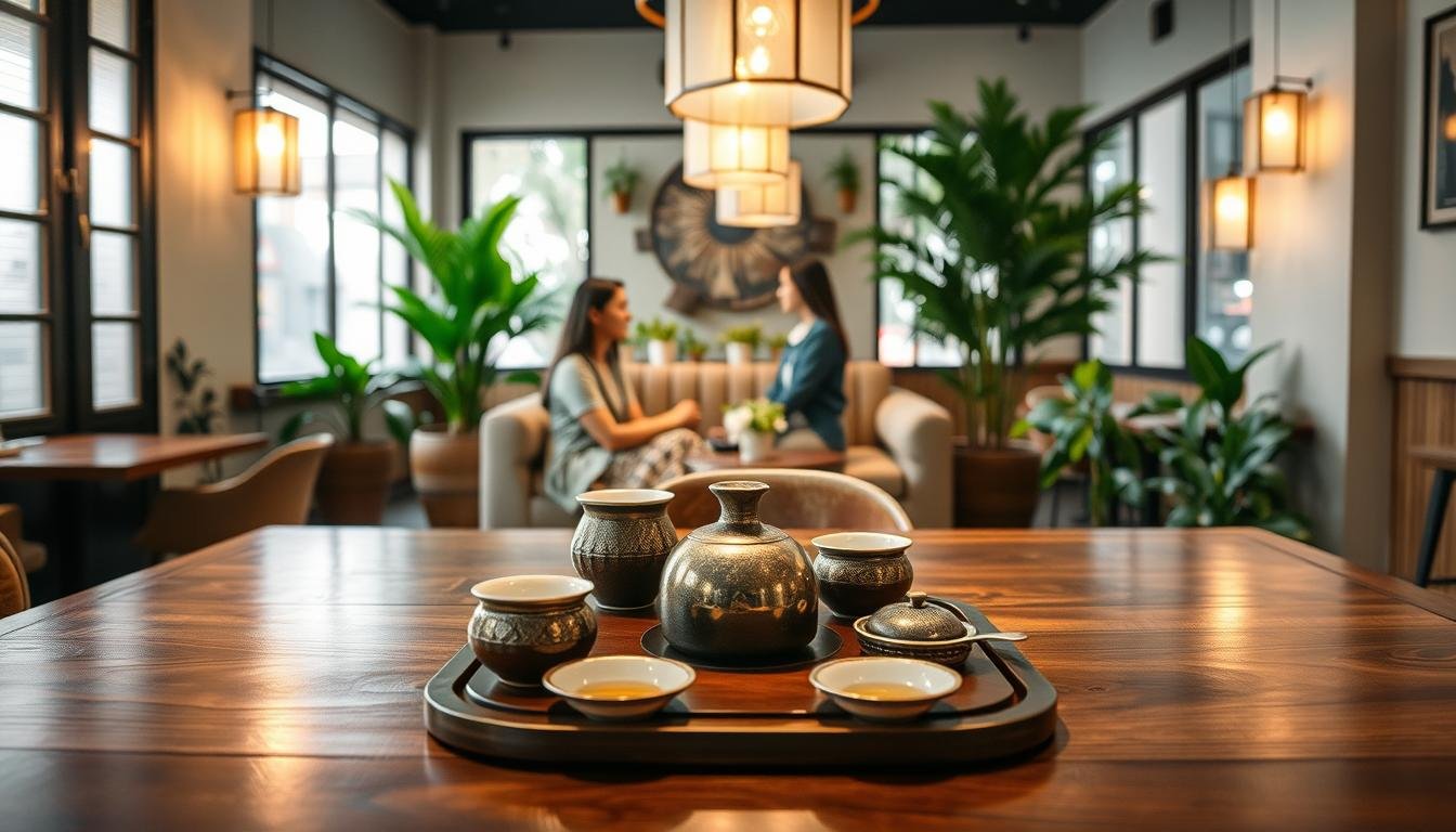 A tranquil tea shop environment in Taichung, showcasing an inviting setting for consumers. In the foreground, a polished wooden table with an elegant tea set, including steaming cups of tea and traditional Taiwanese tea accessories. In the middle, two customers dressed in smart casual attire are engaged in a pleasant conversation, surrounded by lush indoor plants and cozy seating. The background features soft, warm lighting from stylish hanging lanterns, creating a serene and intimate atmosphere. The scene is framed to capture the natural beauty of the tea shop, emphasizing cleanliness and comfort. The overall mood is calm and welcoming, perfectly illustrating the concept of hygiene and comfort during tea consumption in Taichung. 4:3 aspect ratio.