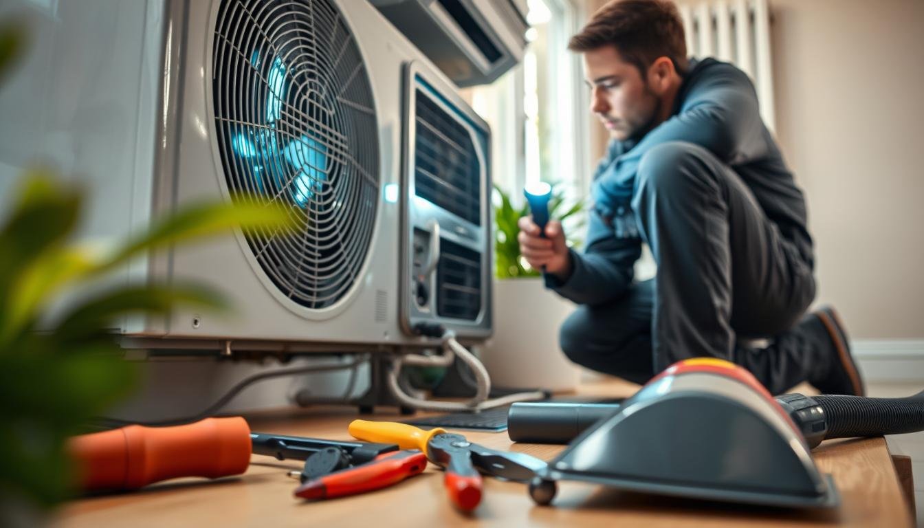 A close-up view of a technician in a professional uniform inspecting a leaking air conditioning unit. The technician is kneeling beside the unit, using a flashlight to check the drainage hose for blockages. In the foreground, tools such as a screwdriver, pliers, and a vacuum cleaner are neatly arranged on a workbench. The background features a residential setting with hints of greenery through a nearby window, creating a calm atmosphere. Soft, natural lighting illuminates the scene, giving it a serene and focused mood. The angle is slightly tilted to emphasize the technician's concentration on the repair task, highlighting the importance of thorough examination in troubleshooting AC issues.