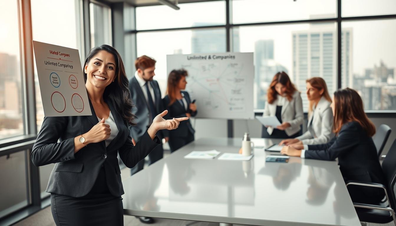 A professional and engaging scene representing the selection of appropriate company types, featuring a diverse group of business professionals in a modern office environment. In the foreground, a confident female entrepreneur points at a presentation board displaying diagrams of limited companies and unlimited companies, highlighting their differences. In the middle, a group of diverse professionals in formal business attire, examining documents and discussing company structures around a sleek conference table, exuding collaboration and focus. The background showcases large windows with city views, allowing natural light to flood the space, creating an optimistic and productive atmosphere. Soft, warm lighting enhances the professionalism of the scene while maintaining a welcoming ambiance. The image captures the essence of informed decision-making in starting a business.