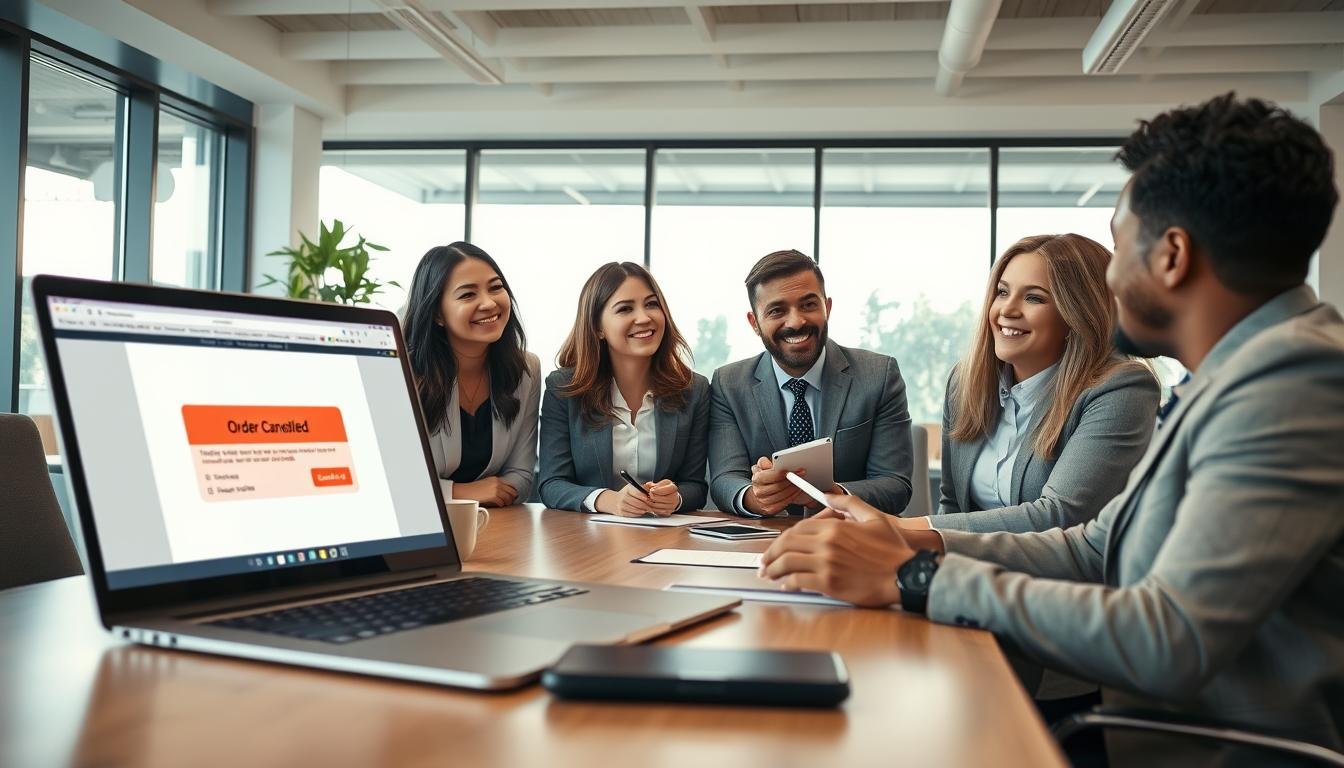 A professional and serene office setting where a diverse group of businesspeople, dressed in smart casual attire, engage in a discussion around a table. The foreground features a laptop displaying a shopping website with "Order Cancelled" notification, while a smiling colleague presents a solution on a digital whiteboard. In the middle, an attentive audience listens intently, taking notes. The background showcases a modern office with large windows letting in natural light, providing a bright and optimistic atmosphere. The composition captures a sense of collaboration and problem-solving, reflecting a supportive environment focused on helping consumers navigate order cancellations. Use soft, warm lighting to enhance the inviting mood and ensure all human subjects are depicted respectfully.