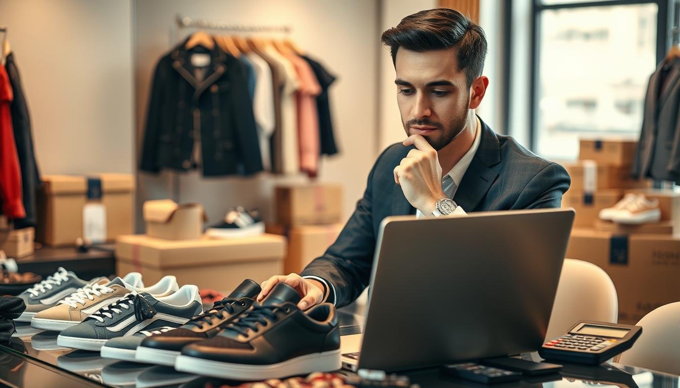 A visually engaging scene showcasing the advantages and challenges of purchasing American fashion items through a purchasing agent. In the foreground, represent a well-dressed person, carefully examining stylish clothing and shoes from a trusted platform on a laptop, displaying a thoughtful expression. In the middle ground, feature a variety of popular American fashion items, such as trendy sneakers, apparel, and accessories, organized neatly on a table. The background should suggest a modern, inviting shopping environment, with soft, warm lighting casting a cozy glow. Incorporate elements like shipping boxes and a calculator to symbolize cost analysis and shipping fees. Capture a mood of optimism and informed decision-making, emphasizing the potential savings and enjoyment of American fashion.