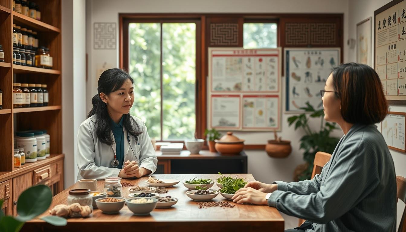 A serene and inviting traditional Chinese medicine clinic focused on gastrointestinal health, set in Sha Tin, Hong Kong. In the foreground, a healthcare professional in modest, professional attire consults with a patient, discussing dietary choices over a wooden table adorned with herbal remedies and fresh ingredients, like ginger and lotus root. In the middle ground, shelves filled with herbal medicine jars and traditional Chinese medical charts create a warm, educational atmosphere. The background features a calming window view of lush greenery, with soft, diffused natural light streaming in, enhancing the peaceful ambiance. The image conveys a sense of trust, professionalism, and holistic health, emphasizing the integration of daily diet and lifestyle for improving gut health in a culturally rich setting.
