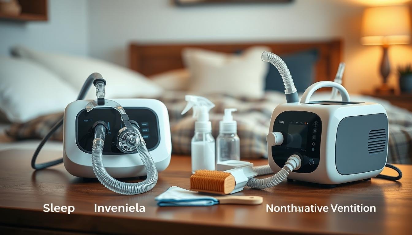 A detailed comparison image illustrating the differences between a sleep apnea machine and a non-invasive home ventilation system. In the foreground, feature a sleek and modern sleep apnea machine with a visible mask and tubes. Next to it, display a stylish non-invasive ventilation device, showcasing its design and connection points. The middle ground should include a well-organized bedside table with cleaning supplies like wipes and a brush to symbolize maintenance. In the background, softly focus on a cozy bedroom scene with warm lighting, creating an inviting atmosphere. Use a shallow depth of field to draw attention to the devices while maintaining a serene and informative ambiance, emphasizing the importance of care and cleanliness for respiratory equipment.