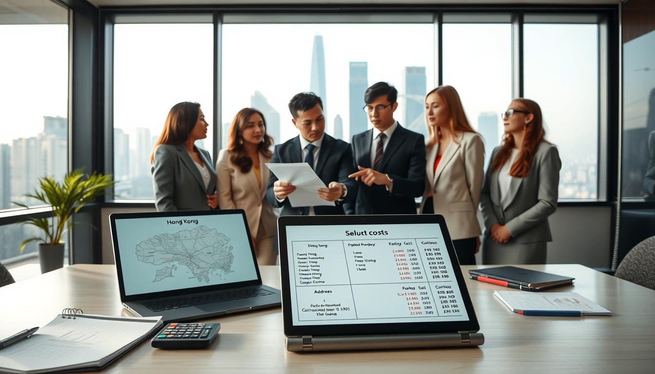 A professional and informative scene illustrating the costs and address information for the Hong Kong Talent Scheme. The foreground features a clear and organized desk with a notepad, calculator, and a laptop displaying a map of Hong Kong. In the middle, a diverse group of professionals in business attire are discussing, with one pointing at a printed document detailing costs and logistics. In the background, a stylized representation of the Hong Kong skyline can be seen through a large window, with soft, natural daylight illuminating the scene. The mood is focused and collaborative, conveying the importance of educational planning and the resources available through the talent scheme. The angle is slightly above eye level, capturing the dynamic interactions and the informative essence of the setting.