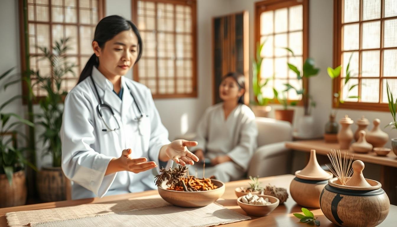 A serene traditional Chinese medicine (TCM) clinic setting, featuring a knowledgeable TCM practitioner in professional attire, demonstrating the treatment of eczema. The foreground shows the practitioner holding herbal ingredients, illustrating their use in natural remedies. In the middle, a patient is seated comfortably, visibly relaxed as they engage in a consultation, surrounded by traditional medicinal herbs and acupuncture tools. The background reveals bamboo decor and soft natural lighting filtering through rice paper windows, enhancing a calming atmosphere. The image captures the essence of holistic healing with soft colors and a peaceful ambiance, emphasizing the therapeutic nature of TCM for eczema treatment while avoiding any depictions of distress or discomfort.