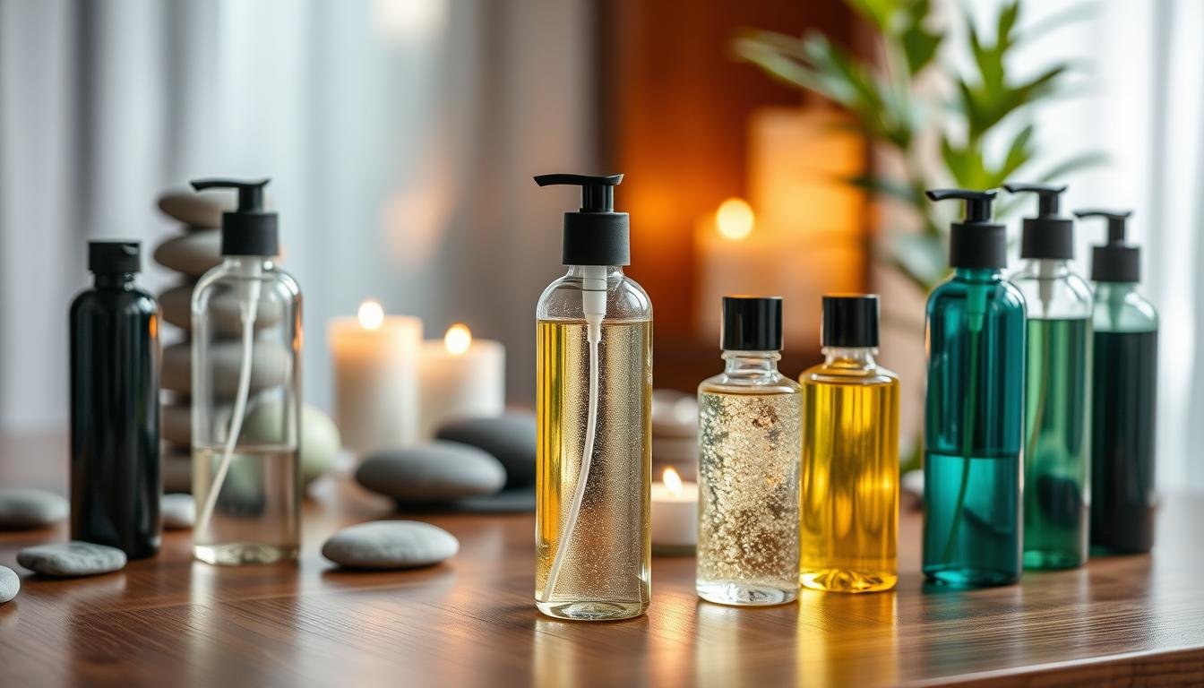 A sleek, modern display of various high-quality oil-based lubricants arranged artistically on a professional wooden table. In the foreground, focus on elegantly designed bottles of lubricants with shimmering textures, showing their rich viscosity. In the middle ground, a backdrop of soft-focus, luxurious spa elements like smooth stones, delicate candles, and greenery to enhance the calming atmosphere. The background features a softly lit room with warm, inviting light, emphasizing tranquility and professionalism. Use a shallow depth of field to ensure the lubricants stand out prominently, captured with a soft, natural light that highlights their clarity and fluidity. The overall mood is serene and sophisticated, inviting a sense of trust and quality in personal care products.